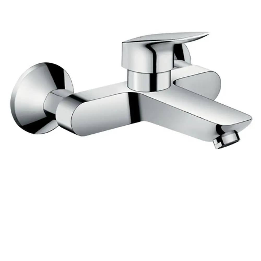 Verchromter Wand-Waschtischmischer von Hansgrohe mit einem ergonomischen Hebel zur Temperatur- und Durchflussregelung.